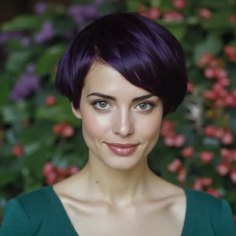 beautiful woman with short purple hair, without make up, smiling, extremely detailed face, skin, hair, and eyes, art by Erich Heckel, photograph, Evil elegant Eowyn, flora in background, soft focus, Fine art, short lighting, dynamic, Canon EF, 35mm, she ta...