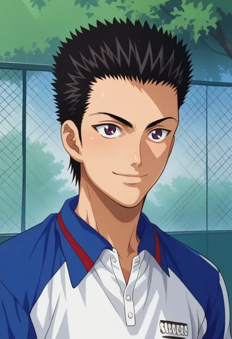 score_9, score_8_up, score_7_up, source_anime, highly detailed, 
takeshi, 
1boy, male focus, solo, black hair, short hair, spiked hair, purple eyes, sportwear, tennis uniform, shirt, polo shirt, white shirt, blue shirt, smile,
outdoor,