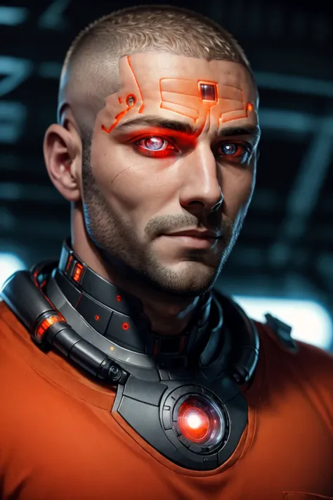 realistic, stocky man, eye focus, highly detailed, <lora:Bionic_Eyes:0.8> bionic eyes, (red glowing eyes:1.1), camera lens eyes, orange tshirt, military buzzcut