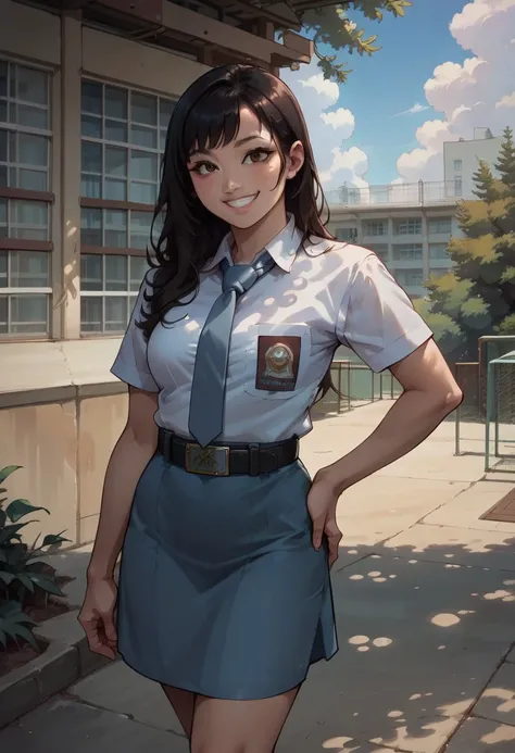 score_9, score_8_up, score_7_up, score_6_up, 1girl, solo, asian, long black hair, brown eyes, smiling, hand on hips, tucked in sma shirt, sma necktie, sma belt, sma skirt, medium breasts, koutei, scenery, outdoors, sky, cloud, blue sky, building, tree, day...