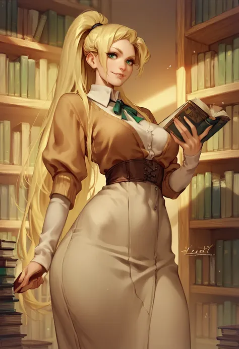 score_8_up, score_7_up, score_6_up,
1girl, long hair, blonde hair, ponytail, green eyes, light smile, library, breasts, curvy, holding a book, looking at viewer, <lora:PulenKompot-Lerapi_Style-PonyXL:1> lerapi