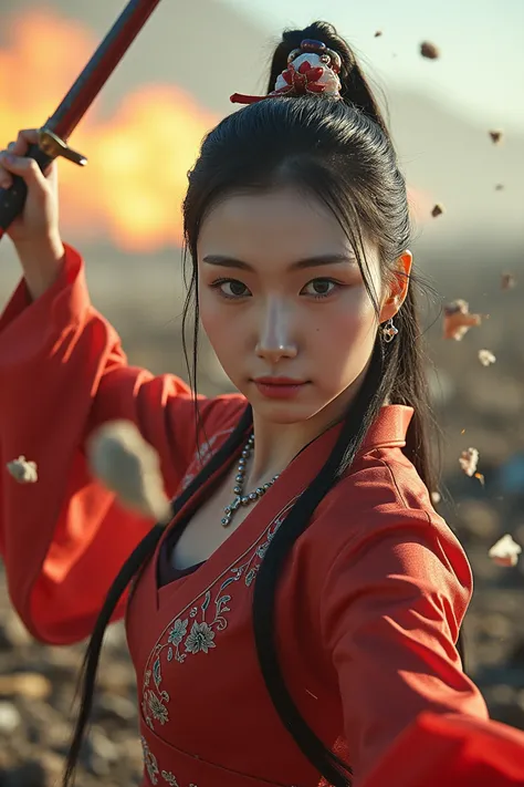 A hyper-realistic photograph of Seo Youngeun standing fearlessly in the midst of a war-torn battlefield. She wears an exquisitely detailed,traditional Hanfu, with flowing silk fabric and intricate embroidery that contrasts sharply with the chaos around her...