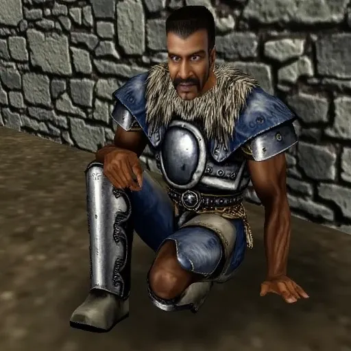 a digital rendering, likely from a fantasy video game, depicting a character sitting on the ground against a rough stone wall. The character is Gorn character from Gothic game series a man with a stern expression, dressed in medieval armor. His armor is a ...