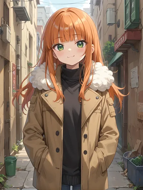 score_9, score_8_up, score_7_up,source_anime, 
1girl, solo, blunt bangs, orange hair, green eyes, long hair, sidelocks, solo, outfit, jacket, wool jacket, coat, turtleneck, fur trim, blush, smug, (kabedon on viewer), BREAK outdoor, alley,