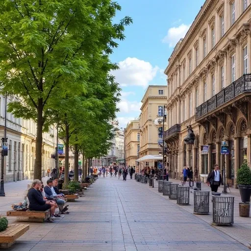 The image is a photograph of a charming, and sitting on benches., historic buildings with ornate facades and numerous trees lining the sidewalks.   The buildings on both sides are adorned with classical architectural elements, and intricate carvings., The ...