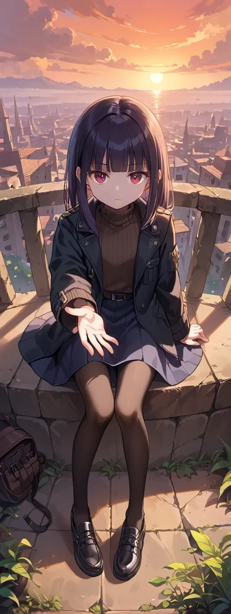 score_9, score_8_up, score_7_up,source_anime, 
1girl, 20yo, solo, blunt bangs, turtleneck sweater, black jacket, black pantyhose, sitting, (from above), shoes, Expressionless, outstretched hand , ruin, sunset, masterpiece, ultra-detailed