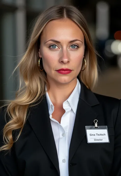 A professional portrait photo of sinatkotsch, a woman. She has long hair. She has a serious expression on her face. She wearing subtle red lipstick and golden earrings. She is wearing a white shirt and a professional black business suit. A white ID badge w...