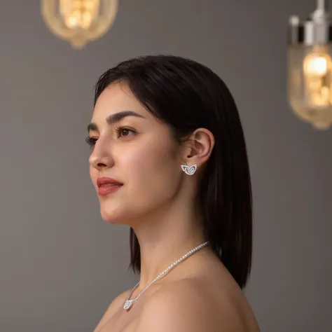 close up Photograph of a british woman . She wears a Eternel_earrings  .  focus is on the Eternel_earrings. from side. The background is a plain, light gray wall. The scene is bathed in soft, ambient lighting from sleek chandeliers, creating a warm glow th...