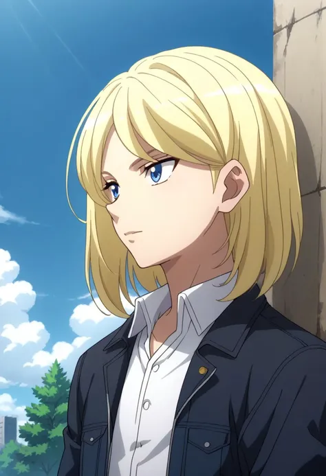 score_9, score_8_up, score_7_up, source_anime, highly detailed, 
shion_xt, 1boy, male focus, solo, blonde hair, medium hair, blue eyes, shirt, collared shirt, jacket, black jacket,
outdoor, sky, cloud, tree,