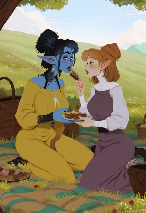 stylized illustration by Incase featuring a romantic scene in a lushes green meadow, a picnic between an blue skinned elf woman and a human woman with pale skin, there is sweets between them. The elf is wearing a stunning yellow dress, the human is wearing...