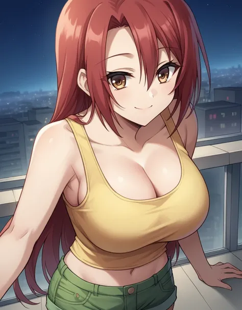 score_9, score_8_up, score_7_up, source_anime, <lora:naegleria-nebiros-s2-ponyxl-lora-nochekaiser:1>, naegleria nebiros, long hair, brown eyes, red hair, large breasts,, navel, cleavage, shorts, midriff, short shorts, tank top, yellow tank top,, city skyli...