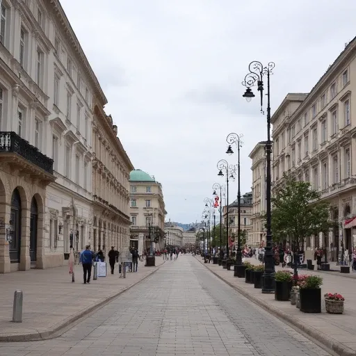 giving it a regal appearance., gray light over the scene., with some featuring decorative cornices and columns., and some have signs indicating shops or businesses., The image is a photograph of a picturesque, The image is a photograph of a bustling street...