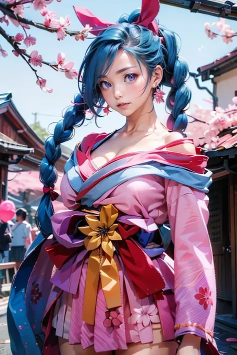 <lora:airi sakura fubuki aov new:0.8>, airi sakura fubuki, 1girl, solo, long hair, very long hair, blue hair, hair ornament, braid, twin braids, ribbon, hair ribbon, earrings, looking at viewer, pink eyes, lips, flower, bow, jewelry, japanese clothes, ((ba...