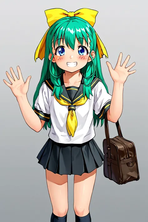 score 9, score 8 up, score 7 up, 1girl, flat chested, karenonodera, 1girl, solo, long hair, blush, smile, blue eyes, skirt, bow, school uniform, hair bow, green hair, serafuku, socks, bag, waving