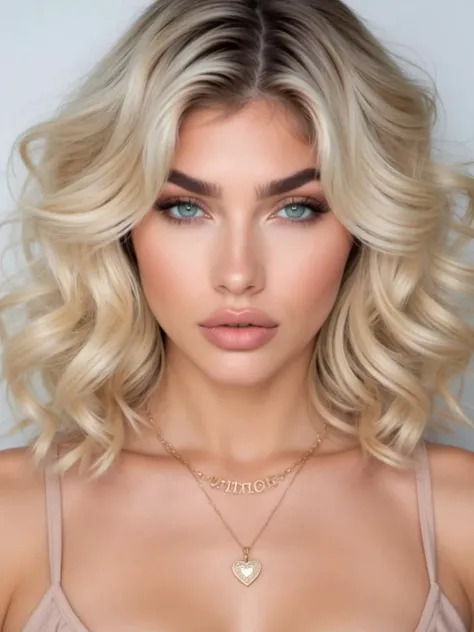 The image shows a woman with wavy, platinum-blonde hair, styled in loose curls. She has striking, light green or blue eyes, framed by full, dark eyebrows, which contrast with her lighter hair. Her complexion is smooth and flawless, with a soft, natural-loo...