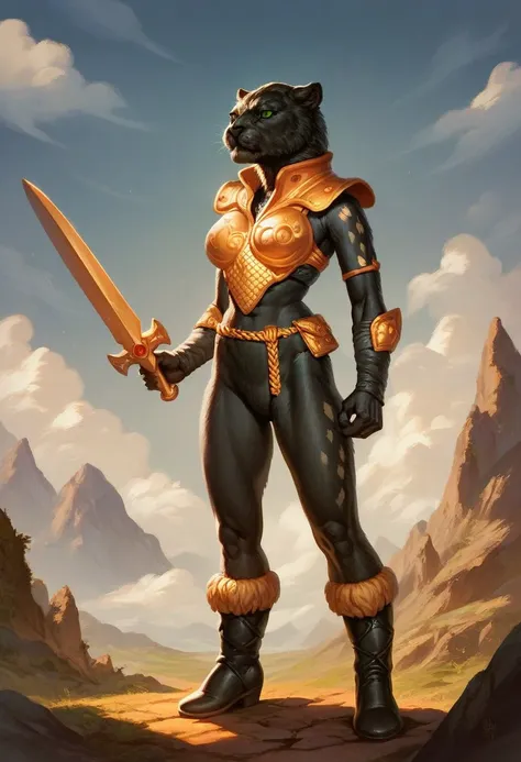 score_9_up, score_8_up, score_7_up, score_6_up, 1girl, solo, pantera, furry female, black fur, gold armor, gold belt, black and gold boots, holding gold sword, green eyes, dramatic pose, standing on a rocky outcrop, fantasy landscape, (realistic), (painted...