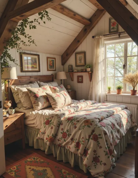 a stunning photograph of a cute scene, guest room - welcoming with layered bedding and personal touches.. <lora:cottagecore_flux...