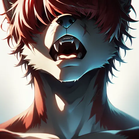 <lora:Eclipse_Faces:1>, eclipsefaces, 1boy, solo, male focus, dim, backlighting, hair cover eyes, red hair, furry, red wolf, scar on face, mouth open, fangs, score_9, score_8_up, score_7_up, score_6_up,