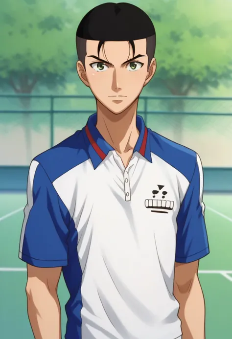 score_9, score_8_up, score_7_up, source_anime, highly detailed, 
shuichiro, 1boy, male focus, solo, black hair, very short hair, green eyes, sportwear, green eyes, tennis uniform,
polo shirt, white shirt, blue shirt,
outdoor,