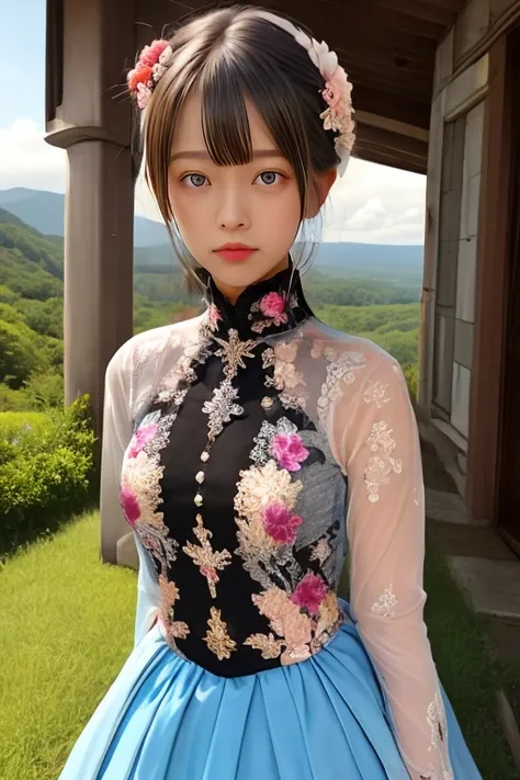 ((colored eyes)), ((bright pupils)), close-up, face focus, 1girl, a pretty woman, kpop, jpop, idol, top model, medium breasts, high neck, sleeves dress, hair ornament, realistic, photorealistic, facing viewer, light smile, parted lips, sky, cloud, castle, ...