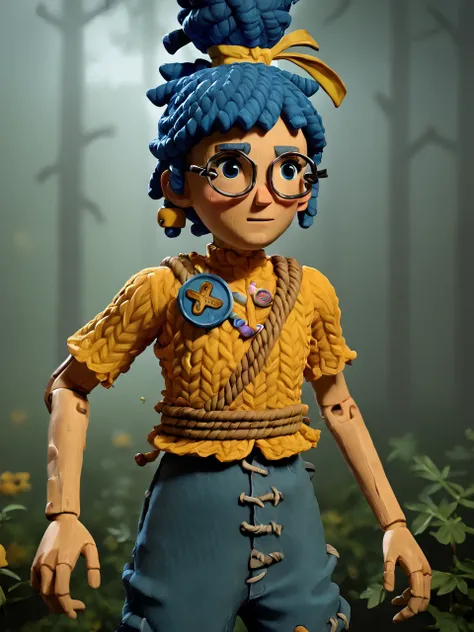 score_9, score_8_up, score_7_up,  score_6_up, BREAK, ItTakMay, solo, 1girl, blue eyes, glasses, blue hair, hair ribbon, yellow shirt, button badge, rope, blue pants, in the forest  <lora:May:1>