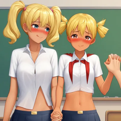 blush, midriff, dark-skinned female, shirt, blonde hair, twintails, classroom, tongue out, holding hands