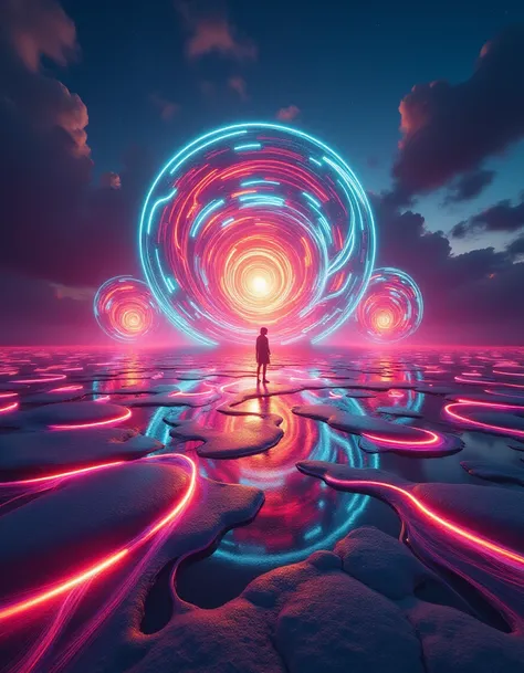 ral-exposure <lora:ral-exposure-flux:1>, designed by artgerm, greg rutkowski and rachel m silva, Drawing, landscape of a Wonderous (Salt Pan:1.1) and Light Surreal floating islands, at Sunrise, Retrofuturism, short lighting, long exposure photography, very...