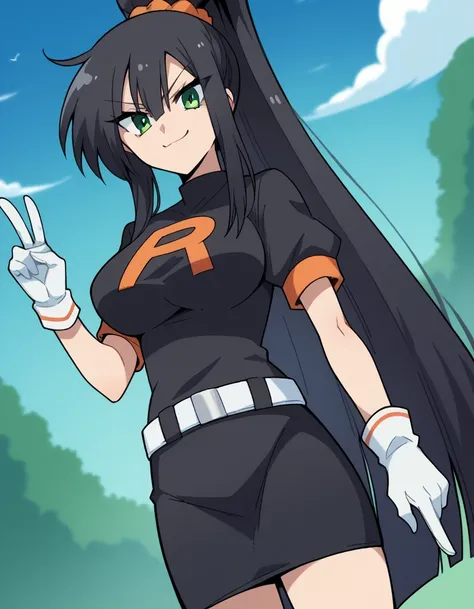 score_9, score_8_up, score_7_up, source_anime, <lora:korewazombie-seraphim-s2-ponyxl-lora-nochekaiser:1>, seraphim, long hair, black hair, very long hair, green eyes, ponytail, scrunchie, orange scrunchie, large breasts,, <lora:team-rocket-uniform-ponyxl-l...