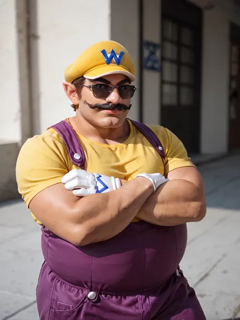 score_9_up, score_8_up, score_7_up, score_6_up, rating_safe, BREAK,Wario, fat, yellow hat with a white brim with a blue W symbol, yellow undershirt, purple overalls, white gloves with a blue W symbol on them, 2D, anime, cross arms, sunglasses, serious, loo...