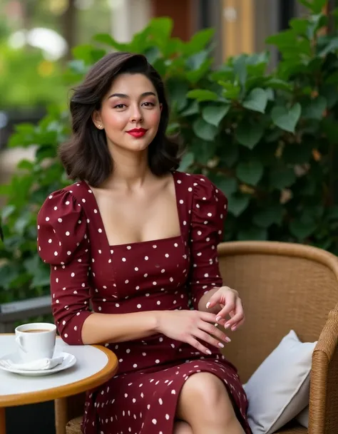 This photograph captures a young woman seated at an outdoor cafe table. She appears to be in her early 20s, with a fair complexion and straight, shoulder-length dark brown hair. Her facial expression suggests she is either in the midst of a conversation or...