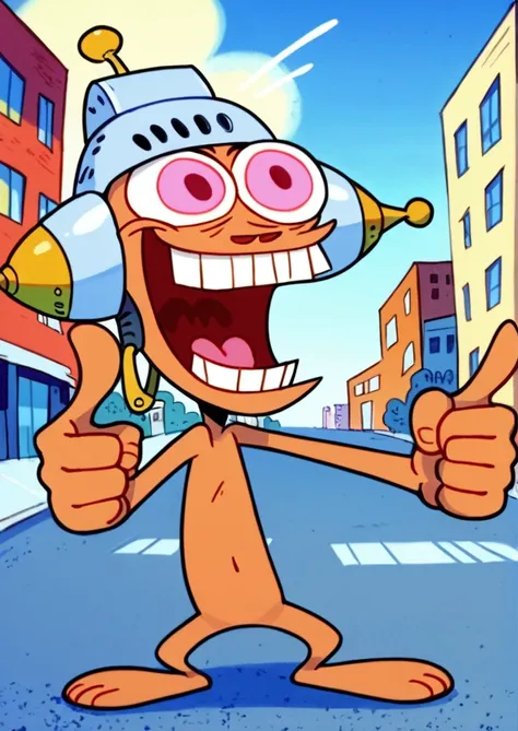 score_9, score_8_up, score_7_up, rating_safe, r3nAndSt1Mpy, ren, cartoon dog, skinny, big eyes, overly happy, crazy, wearing happy helmet, pointing, city background <lora:The_Ren__Stimpy_Show_-_1991_-_Pony:0.9>,