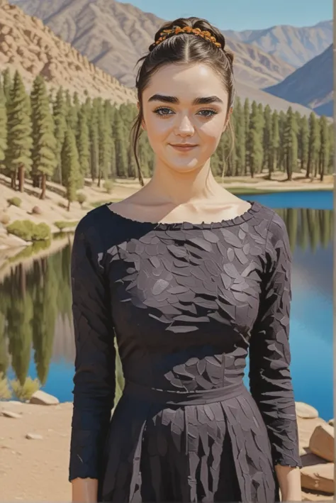 (character concept art)++, stylized painterly digital painting of maisiewilliams, beautiful lady, dark makeup, hyperdetailed photography, soft light, smile-, full body portrait+, head and sholders portrait, mountains in the background, (forest and lake in ...