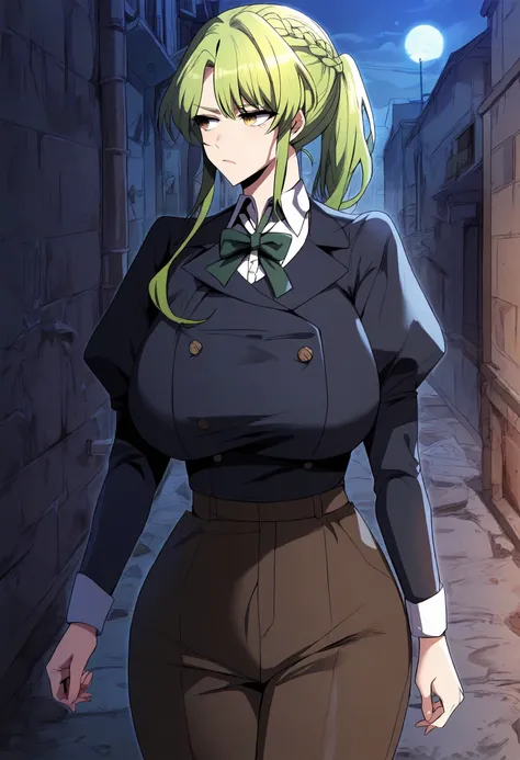 score_9, score_8_up, score_7_up, score_6_up, source_anime, rating_explicit, 1girl, solo, huge breasts, <lora:Zitri De Lobilia prefectPonyxl:0.9> long hair, green hair, yellow eyes, sidelocks, ponytail, french braid, green bowtie, black jacket, (buttons:0.8...