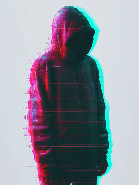 a heavily glitched graphic illustration of a man standing in a hoodie, ominous darkness instead of a face, light background. neo...