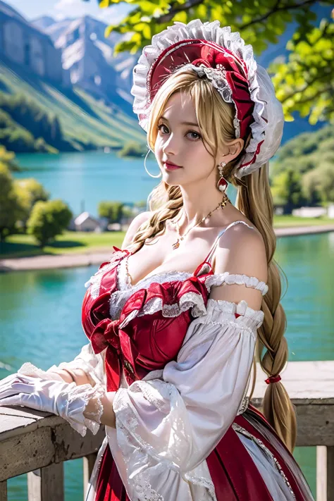 (masterpiece, best quality:1.2),illustration,8k,hd,1 girl,blonde hair,very long hair,solo,(collarbone:1.2),looking at viewer,twintails,
Chrismas F,red dress,jewelry,white gloves,necklace,earrings,frills,bonnet,bare shoulders,big breasts,outdoors,(day, lake...