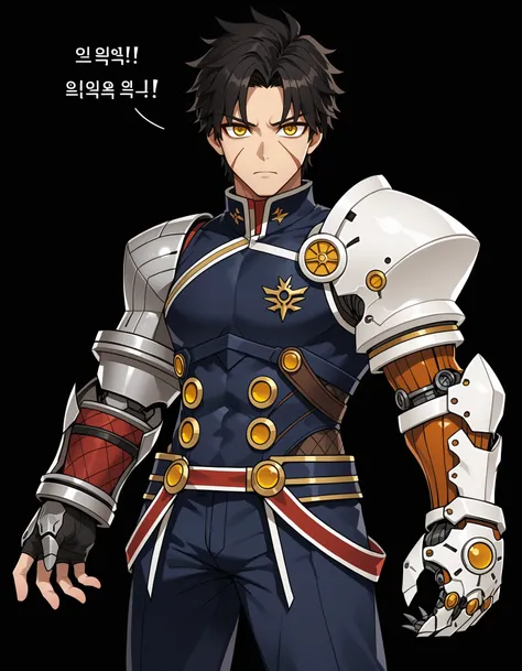 (masterpiece), best quality, expressive eyes, perfect face,ravenc, solo, black hair, 1boy, yellow eyes, male focus, pants, fingerless gloves, armor, scar, gauntlets, korean text, mechanical arms, single mechanical arm, <lora:0fa71407-df91-44f5-8e68-48e570d...