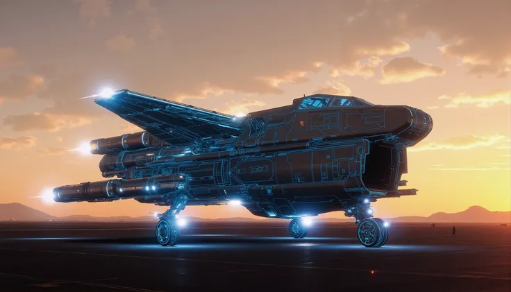 blueprint drawing of an industrial cargo ship designed by drake interstellar in 2d viewed in a 3d space with wireframe holograms in artificial reality on the tarmac of an airstrip at sunset.
The ship hologram is viewed at an angle, letting us see the thre...