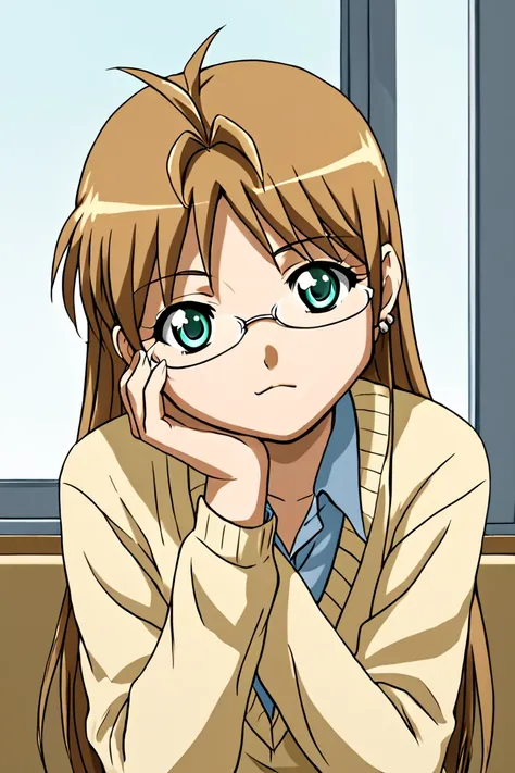 score 9, score 8 up, score 7 up, 1girl, flat chested, yamada, 1girl, solo, long hair, brown hair, jewelry, school uniform, green eyes, earrings, glasses, aqua eyes, window, head rest, anime coloring