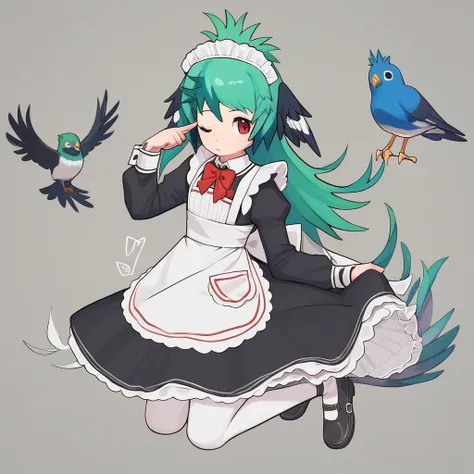 Score_9, score_8_up, score_7_up, r3sp_qu3t, 1girl, maid, solo, head wings, apron, maid headdress, bird wings, one eye closed, enmaided, dress, multicolored hair, frills, pantyhose, black dress, red bowtie, sleeve cuffs, alternate costume, white pantyhose, ...