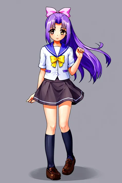 score 9, score 8 up, score 7 up, 1girl, flat chested, momoko, 1girl, solo, school uniform, skirt, purple hair, socks, ponytail, bow, kneehighs