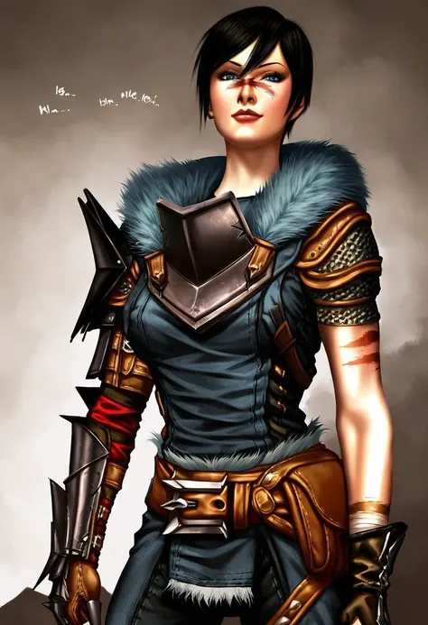 MarianHawke,1girl,solo,black hair,short hair,blue eyes,armor,shoulder armor,pauldrons,gloves,gauntlets,lips,belt,fur trim,weapon on back,hair between eyes,boots,knee boots,chainmail,breastplate,weapon,pelvic curtain,scar,tatoo,seductive pose,muscular femal...