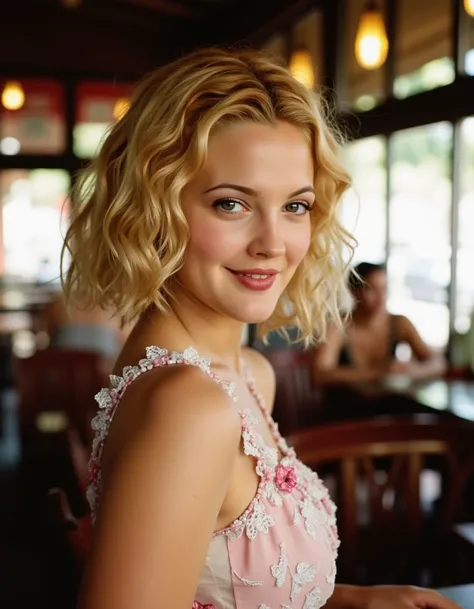 <lora:Drew_Barrymore_Flux:1> beautiful photograph, short wavy golden blonde hair cascading down to her shoulders. she is standing in a cafe wearing a dress. Looking at the viewer smiling.