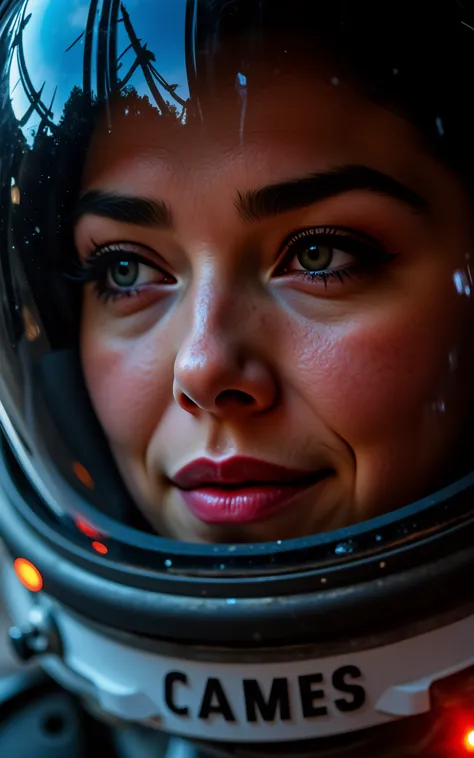 The image is a high-resolution photograph artwork featuring a close up of a middle aged seductive female space adventurer face, with ruby eyes, in her helmet as the stars and sky reflect accross her face and eyes, a cosmic glow of wonder and delight. the w...