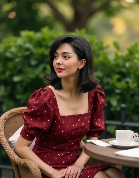 This photograph captures a young woman seated at an outdoor cafe table. She appears to be in her early 20s, with a fair complexion and straight, shoulder-length dark brown hair. Her facial expression suggests she is either in the midst of a conversation or...