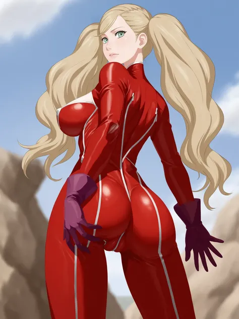 uncensored, score 9 up, score 8 up, ((solo focus, solo female)), 
<lora:[Cottage] pr3 (Persona 5) ArtistCG Style PonyXL:1>,hetero, long hair, twintails, large breasts, blonde hair, takamaki anne, red bodysuit,  1girl, leotard, looking back at viewer, camel...