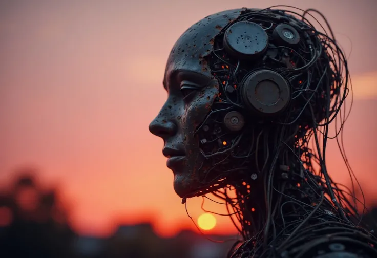 The wired Artwork is positioned in the right Side of the Image, golden circle rule, 1/3, A bleaked analog photo of a weathered Overgrown wired-cyborg Garden Statue, moody outworn, intricated fine wires design, Made of wires and technical parts, very artsy,...