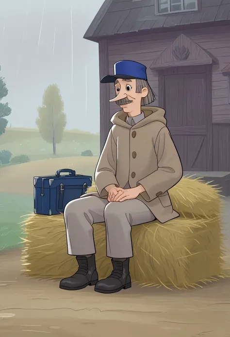 score_7, score_8, perfect hands, pechkin, male, prostokvashino, black eyes, long nose, gray hair, mustache, outside, at village house background, sitting on hay, postman cap,  pants, gray shirt, black boots, rain coat, postman bag,