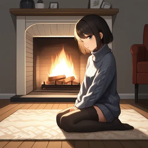 score_9, score_8_up, score_7_up, score_6_up, score_5_up, score_4_up, zPDXL2,source_anime,rating_questionable, 1girl, cozy, sweater, stockings, side profile, sitting,  <lora:Fireplace:0.7> f1r3pl4c3, fireplace, indoors, looking at viewer,  wooden floor, rug