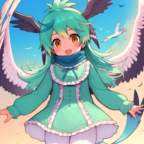 Score_9, score_8_up, score_7_up, r3sp_qu3t, 1girl, solo, head wings, long hair, blonde hair, long sleeves, multicolored hair, pantyhose, wings, tail, white pantyhose, scarf, smile, blue hair, open mouth, looking at viewer, frills, shirt, :d, blue sky, gree...