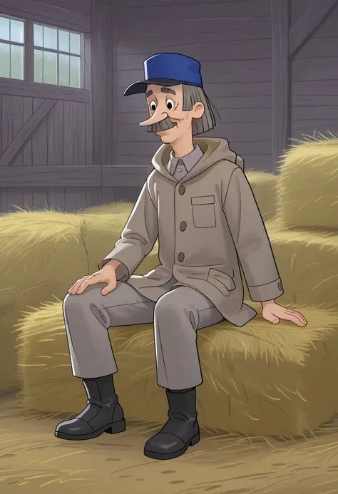 score_7, score_8, perfect hands, pechkin, male, prostokvashino, black eyes, long nose, gray hair, mustache, at barn background, sitting on hay, postman cap,  pants, gray shirt, black boots, rain coat, postman bag,